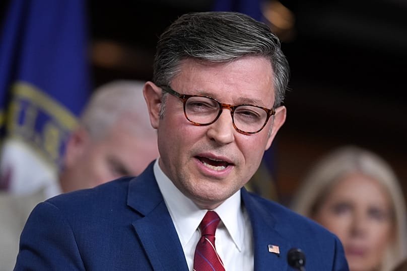 Speaker of the House Mike Johnson, R-La., joined by GOP leaders, talks to reporters at the Capitol in Washington, Wednesday, June 3, 2026. (AP Photo/J. Scott Applewhite)