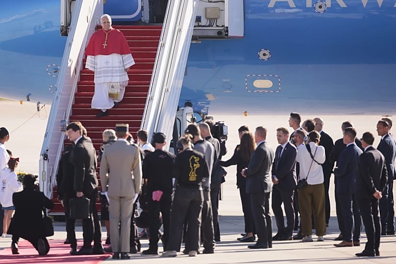Pope Leo XIV steps off the plane at Orly airport in Paris as he begins a four-day pastoral visit to France, on Friday 25 September 2026.