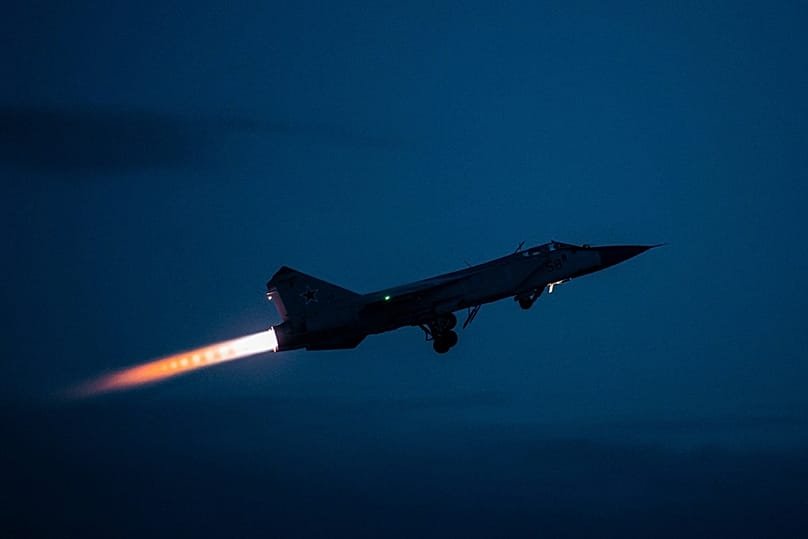 A MiG-31 fighter of the Russian air force takes off at an air base during military drills in Tver region, 14 February, 2022