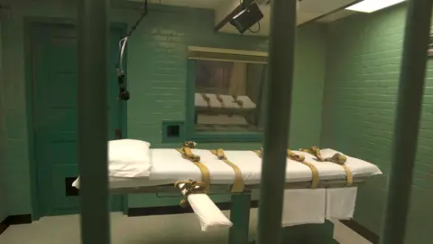 Jenevieve Robbins/Texas Dept of Criminal Justice/Handout via Reuters A gurney with sheets, a pillow and straps in a death chamber with a green door and green walls can be seen through the steel bars of the viewing area at the Texas state penitentiary in Huntsville