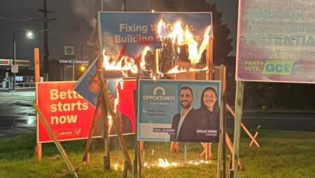 Democracy Under Fire: Election Vandalism Escalates as Candidate’s Hoarding Set Ablaze